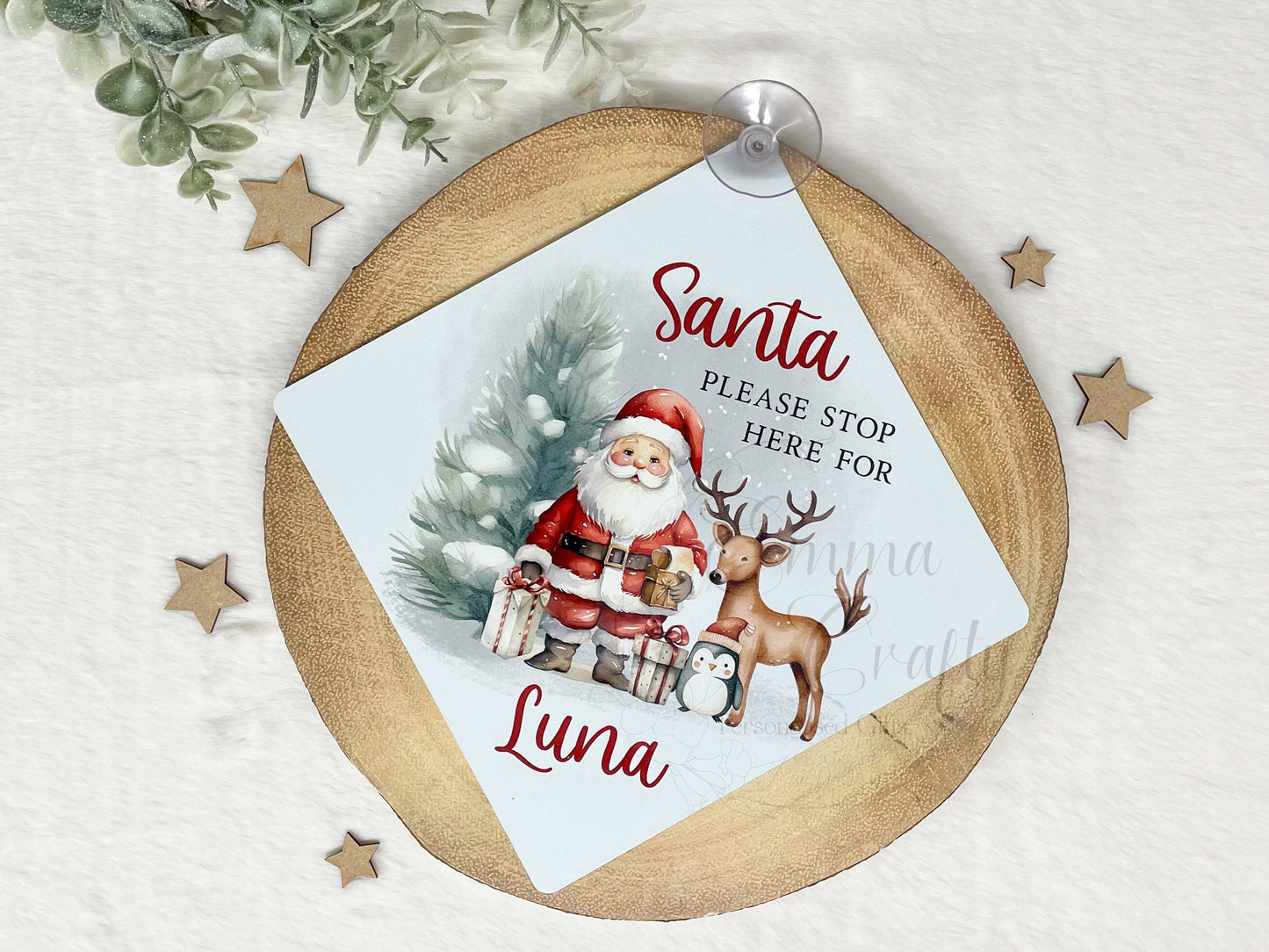 Santa Please Stop Here Personalised Aluminiuim Window Sign with Suction Cups, Santa Stop Here Kids Christmas Sign, Xmas Eve Box, 2 Sizes