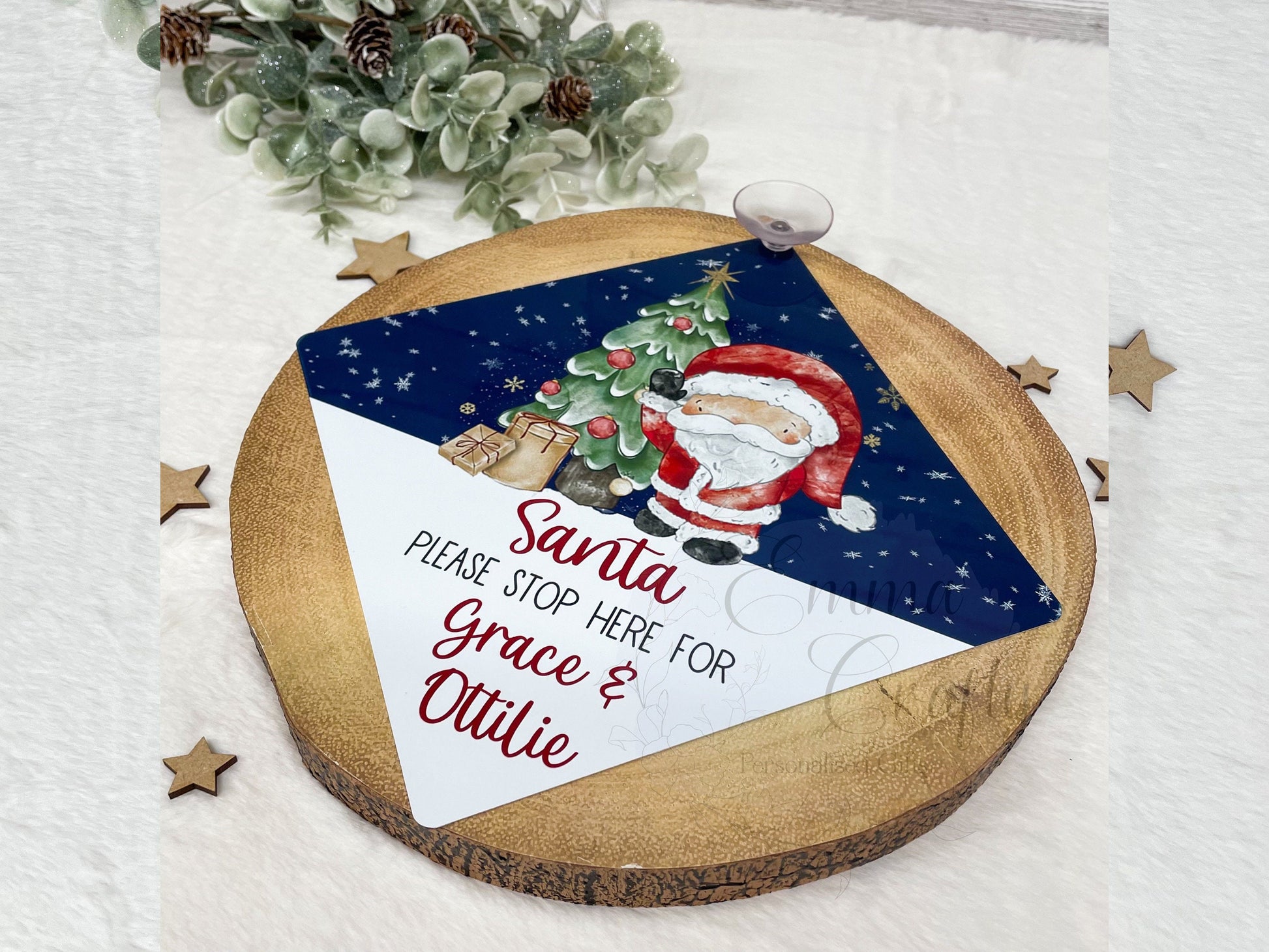 Santa Please Stop Here Personalised Aluminiuim Window Sign with Suction Cups, Santa Stop Here Kids Christmas Sign, Xmas Eve Box, 2 Sizes