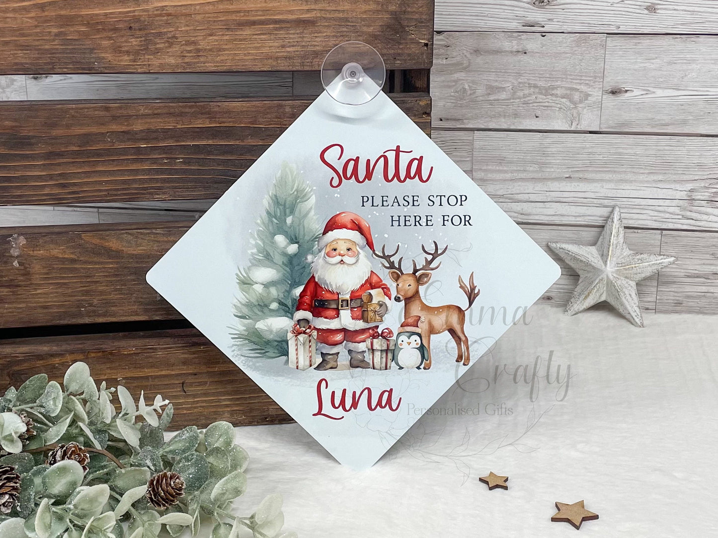 Santa Please Stop Here Personalised Aluminiuim Window Sign with Suction Cups, Santa Stop Here Kids Christmas Sign, Xmas Eve Box, 2 Sizes