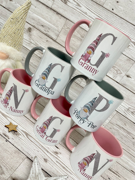 Personalised Christmas Gonk Alphabet Mug | Grey and Pink Gonk Mug | Xmas Movie Mug | Hot Chocolate Mug | Couple Christmas Gonk Mugs