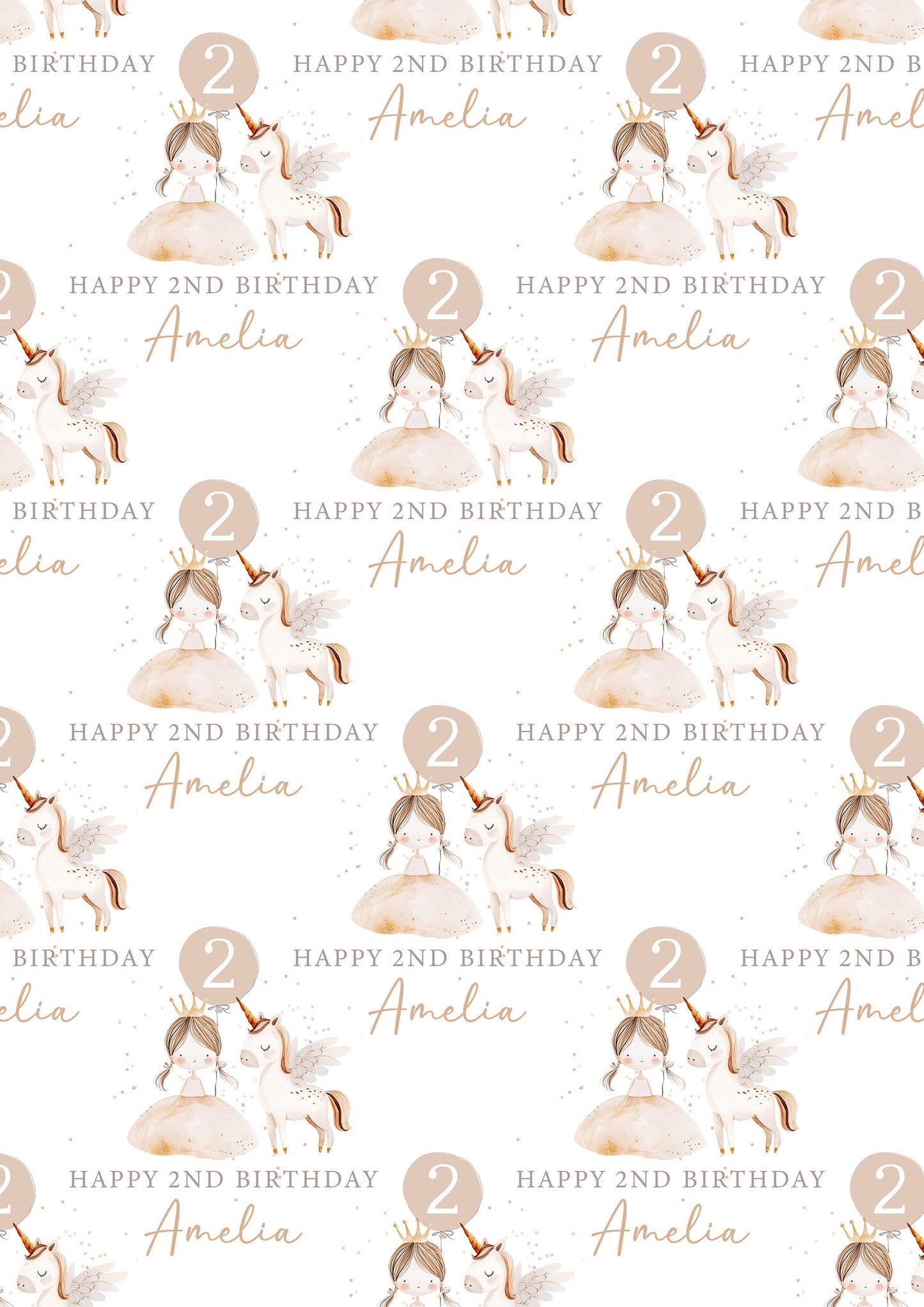 Personalised Girl's Princess & Unicorn Birthday Gift Wrapping Paper