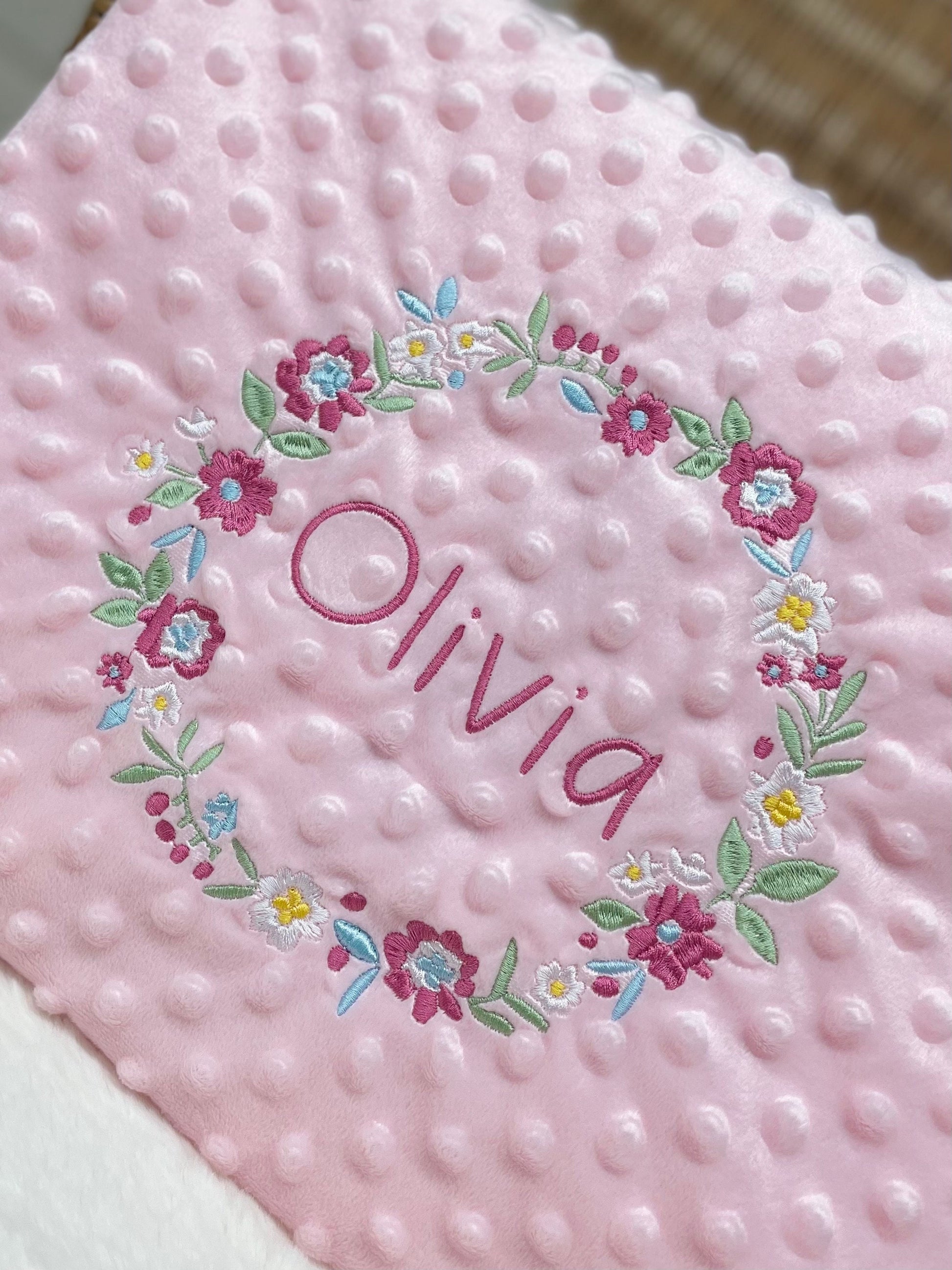 Personalised Pink Baby Blanket Embroidered with Name and Floral Wreath, Baby Shower Gift, Newborn Baby Gift, Christening Gift Baby Girl