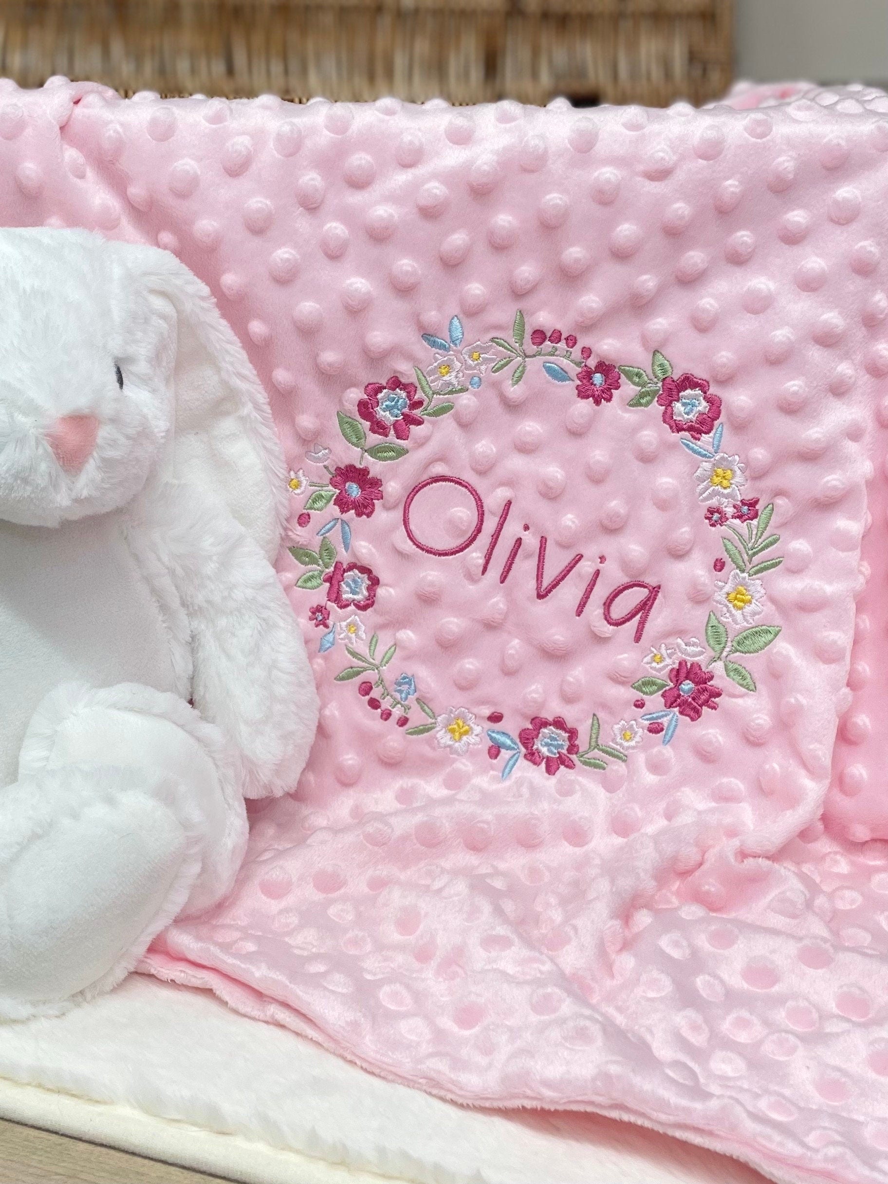 Personalised Pink Baby Blanket Embroidered with Name and Floral Wreath, Baby Shower Gift, Newborn Baby Gift, Christening Gift Baby Girl