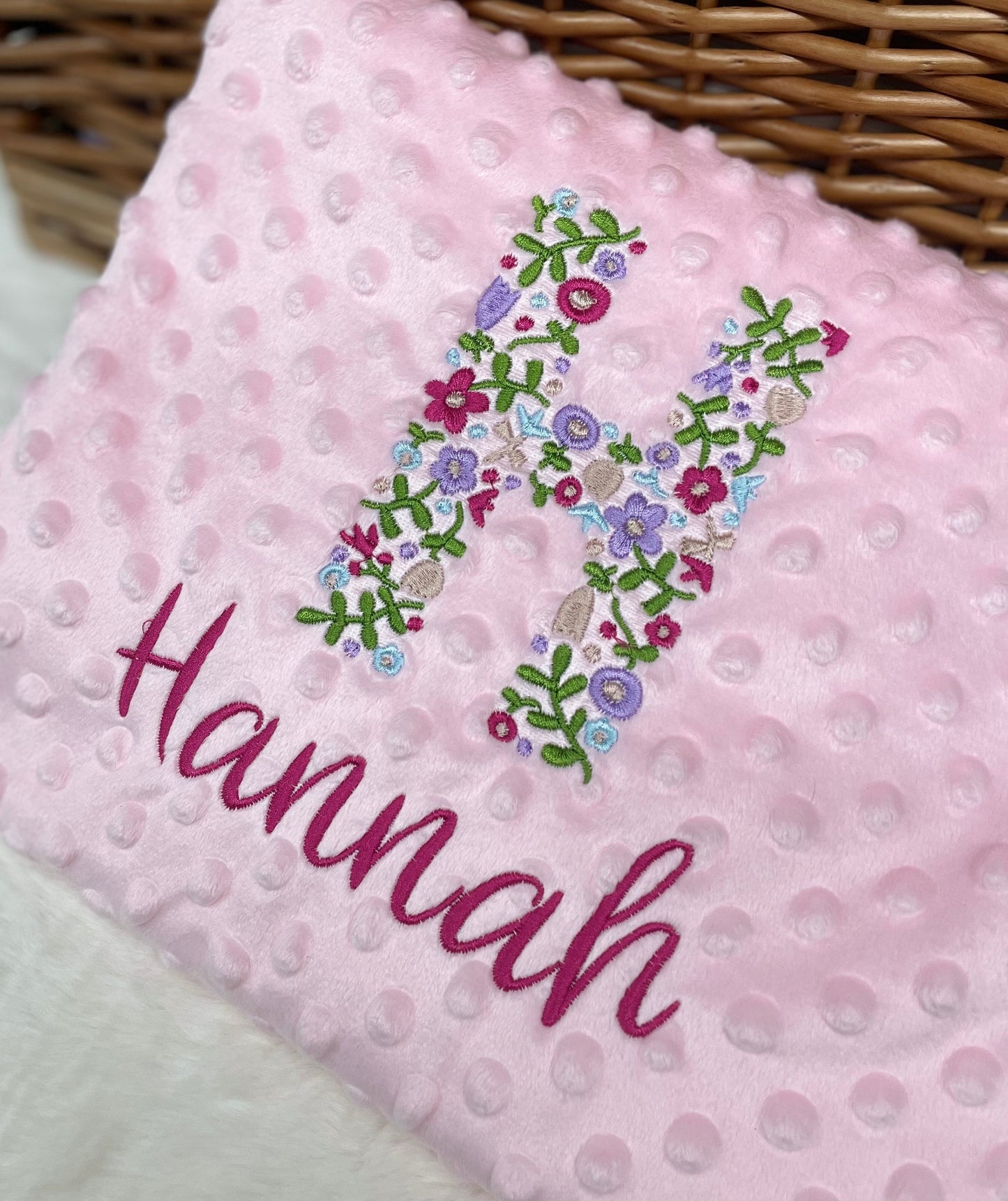 Personalised Pink Baby Blanket Embroidered with Name and Floral Letter, Baby Shower Gift, Newborn Baby Gift, Christening Gift Baby Girl