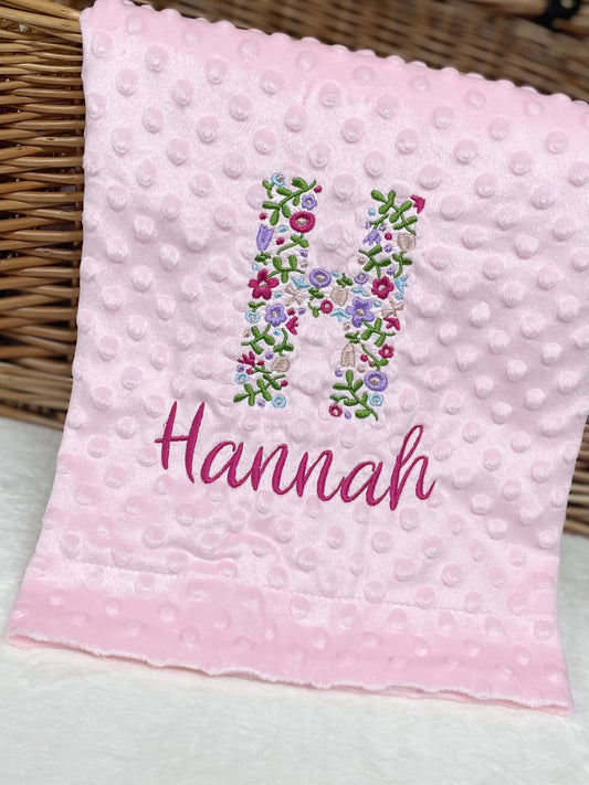 Personalised Pink Baby Blanket Embroidered with Name and Floral Letter, Baby Shower Gift, Newborn Baby Gift, Christening Gift Baby Girl