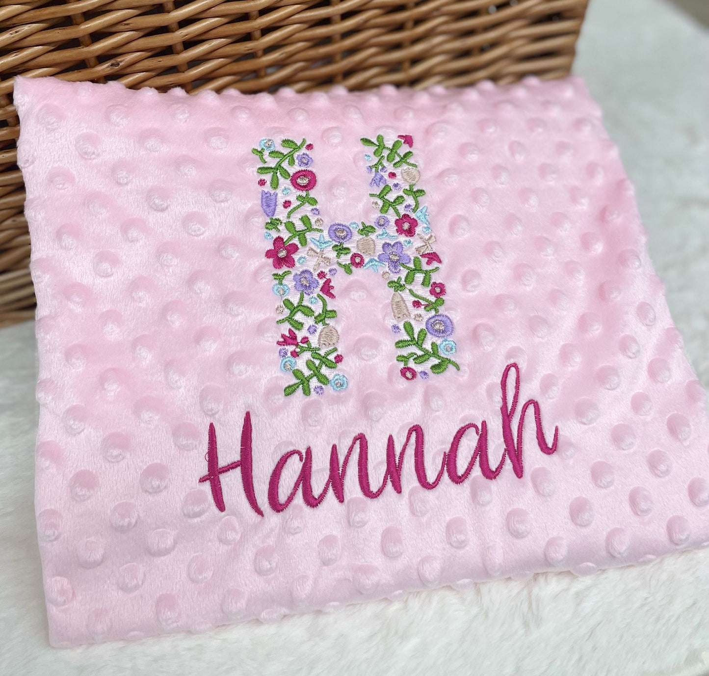 Personalised Pink Baby Blanket Embroidered with Name and Floral Letter, Baby Shower Gift, Newborn Baby Gift, Christening Gift Baby Girl