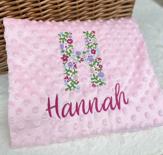 Personalised Pink Baby Blanket Embroidered with Name and Floral Letter, Baby Shower Gift, Newborn Baby Gift, Christening Gift Baby Girl