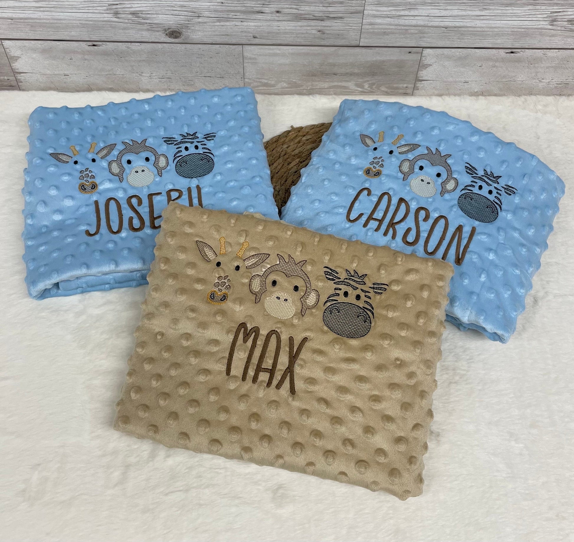 Personalised Blue or Camel Baby Blanket Embroidered with Name and Safari Animals, Baby Shower Gift, Newborn Baby Gift, Christening Gift Baby