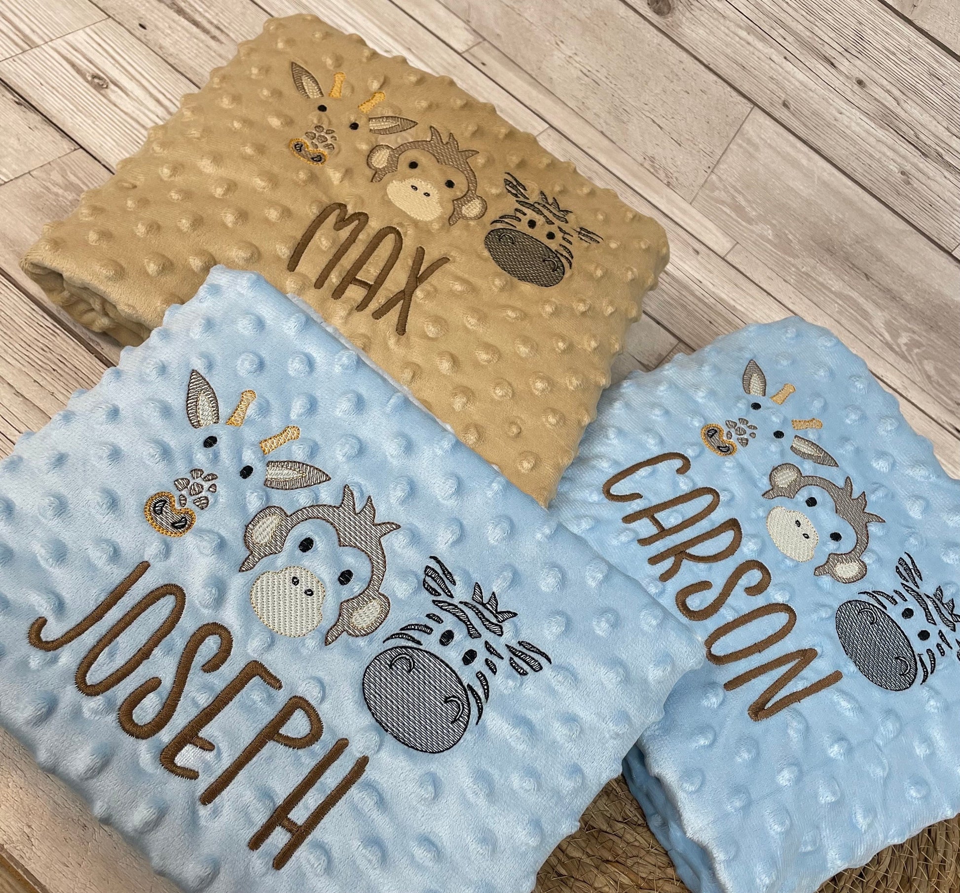 Personalised Blue or Camel Baby Blanket Embroidered with Name and Safari Animals, Baby Shower Gift, Newborn Baby Gift, Christening Gift Baby