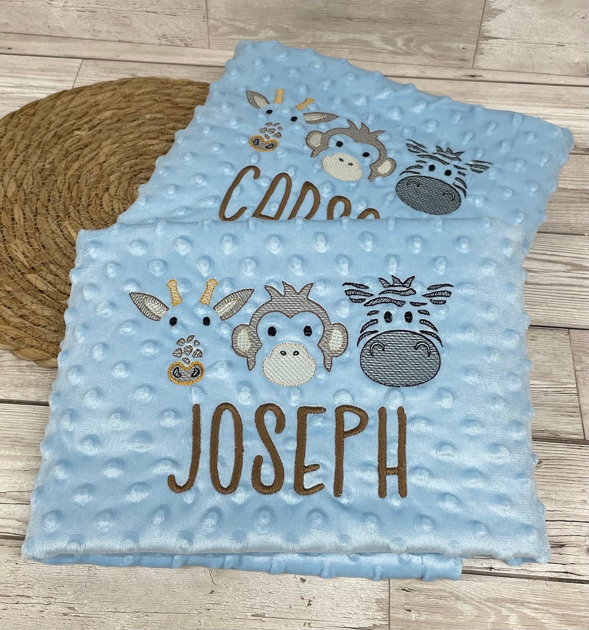 Personalised Blue or Camel Baby Blanket Embroidered with Name and Safari Animals, Baby Shower Gift, Newborn Baby Gift, Christening Gift Baby