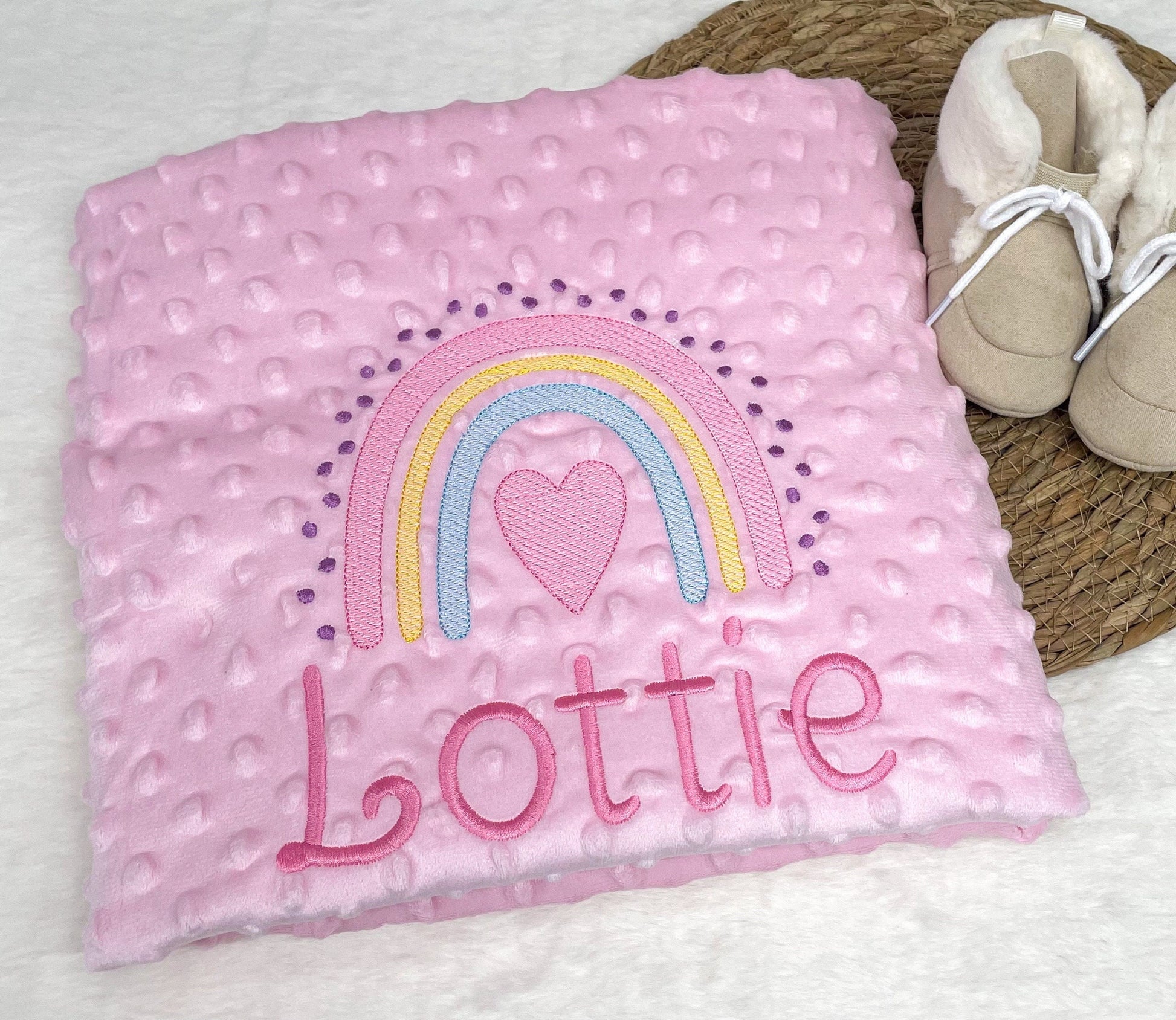 Personalised Pink Baby Blanket Embroidered with Name and Rainbow, Baby Shower Gift, Newborn Baby Gift, Christening Gift, Baby Girl Blanket