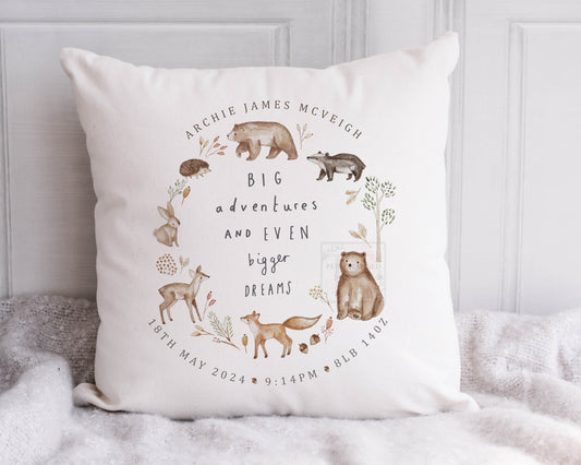 Personalised Baby Girl & Boy Woodland Animal Cushion