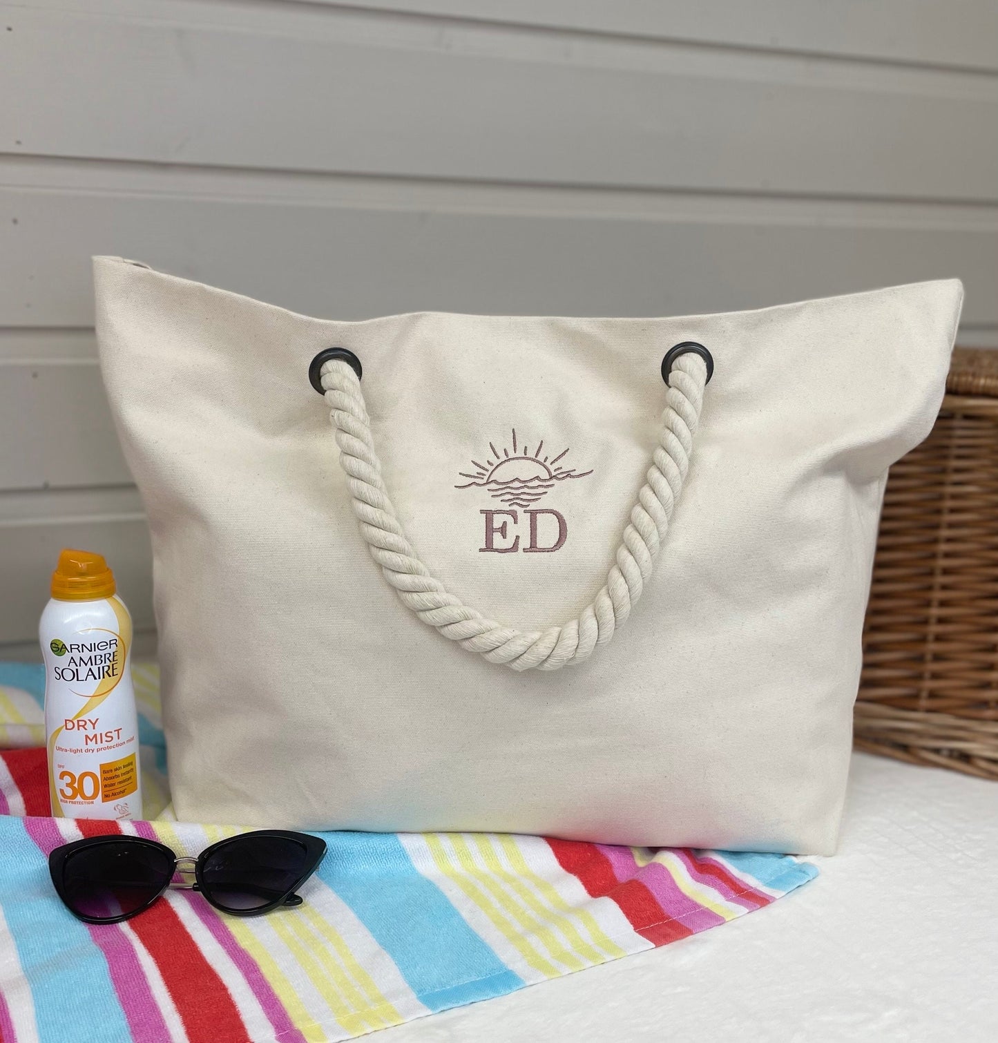 Personalised Embroidered Neutral/Cream Canvas Rope Beach Bag