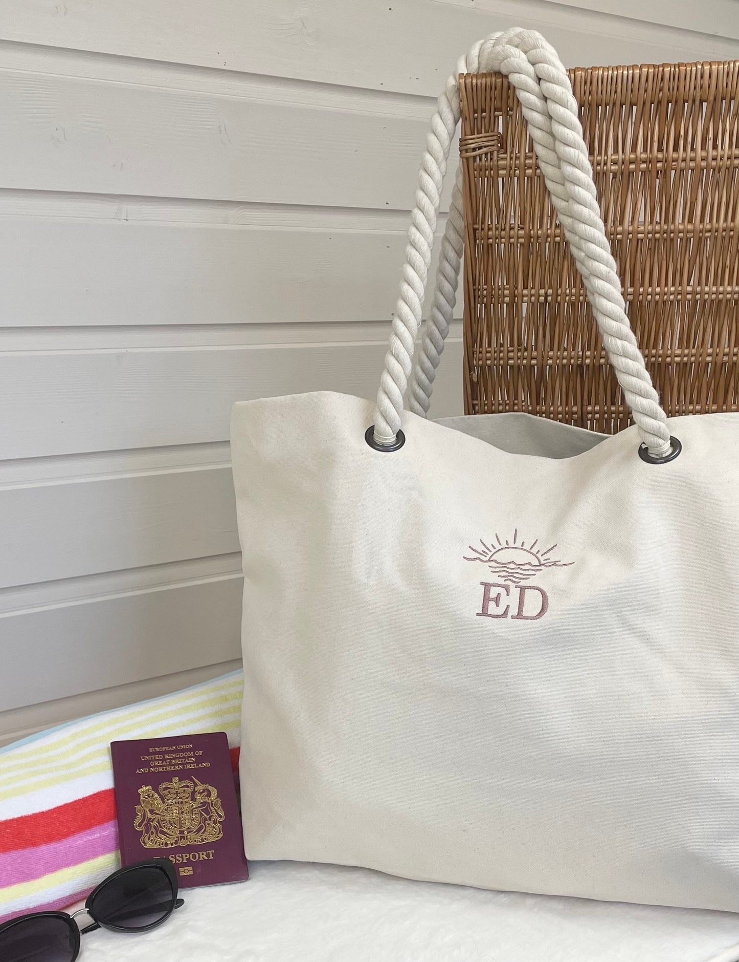 Personalised Embroidered Neutral/Cream Canvas Rope Beach Bag