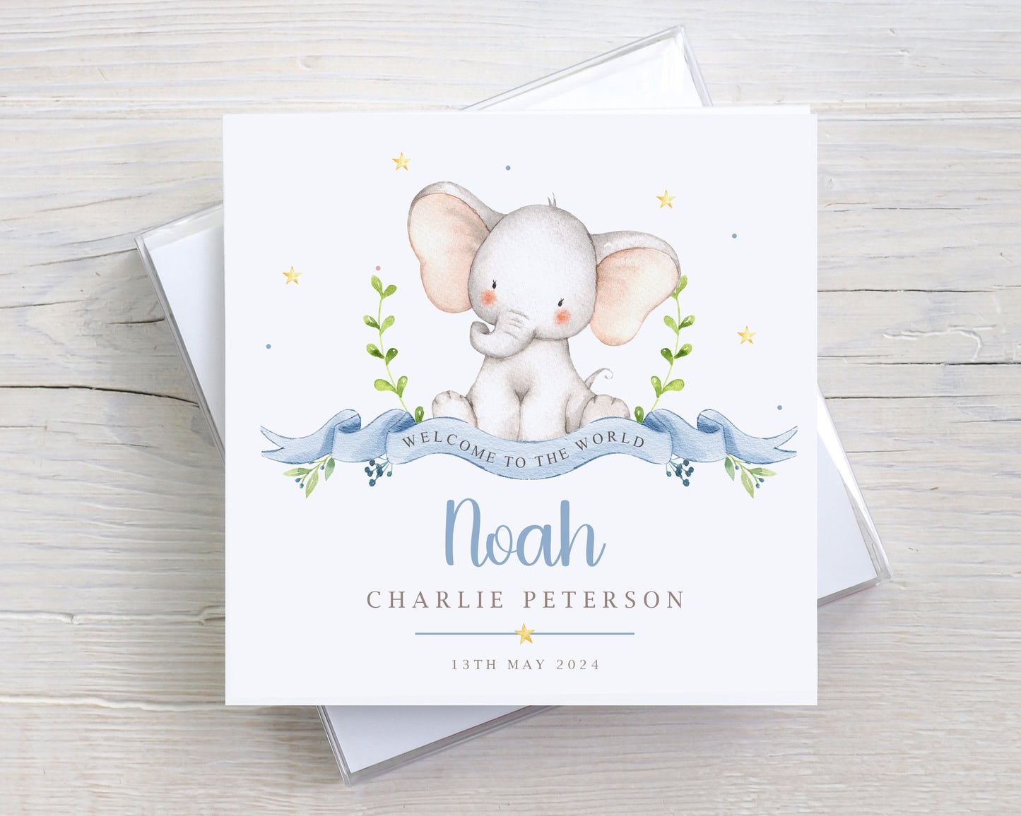 Personalised New Baby Boy Card, Welcome to the World Baby Boy, New Baby Card, Congratulations It's a Boy Card, Elephant Design