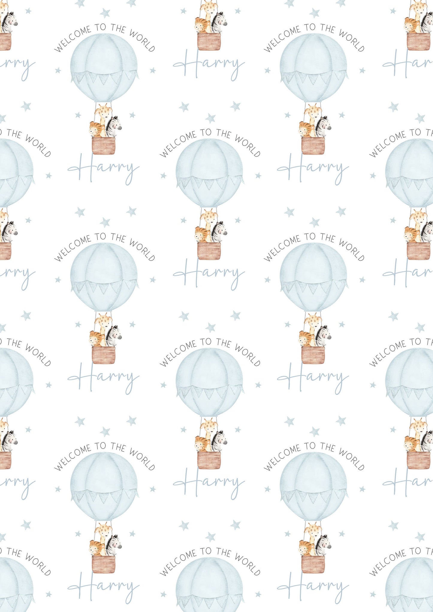 Personalised New Baby Boy Wrapping Paper | Welcome to the World Baby Boy Gift Wrap with Name and Birth Date | Safari Hot Air Balloon Design