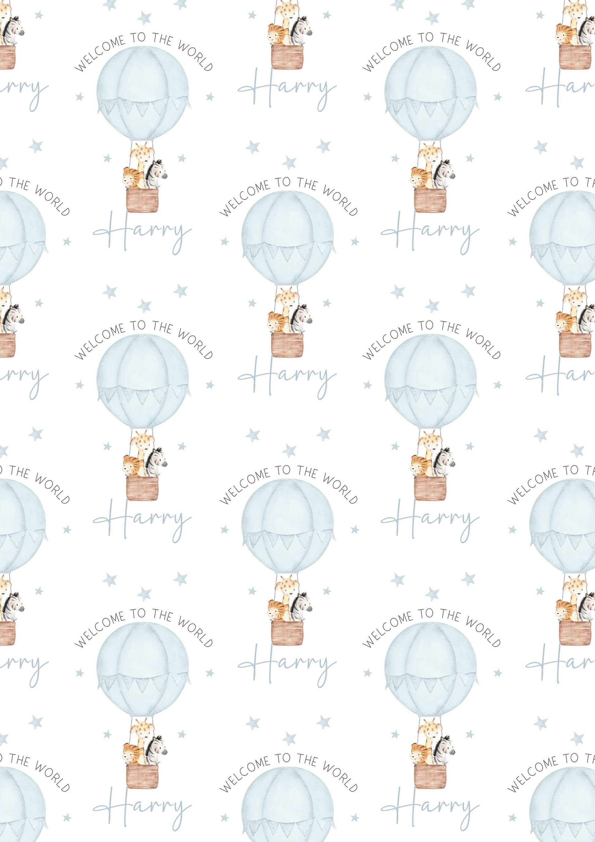 Personalised New Baby Boy Wrapping Paper | Welcome to the World Baby Boy Gift Wrap with Name and Birth Date | Safari Hot Air Balloon Design