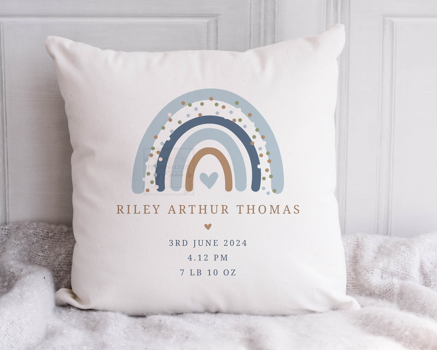 Personalised New Baby Cushion, New Baby Boy Gift, Welcome Baby Boy, Rainbow Nursery Decor, Baby Boy Nursery Pillow, Name and Birth Details