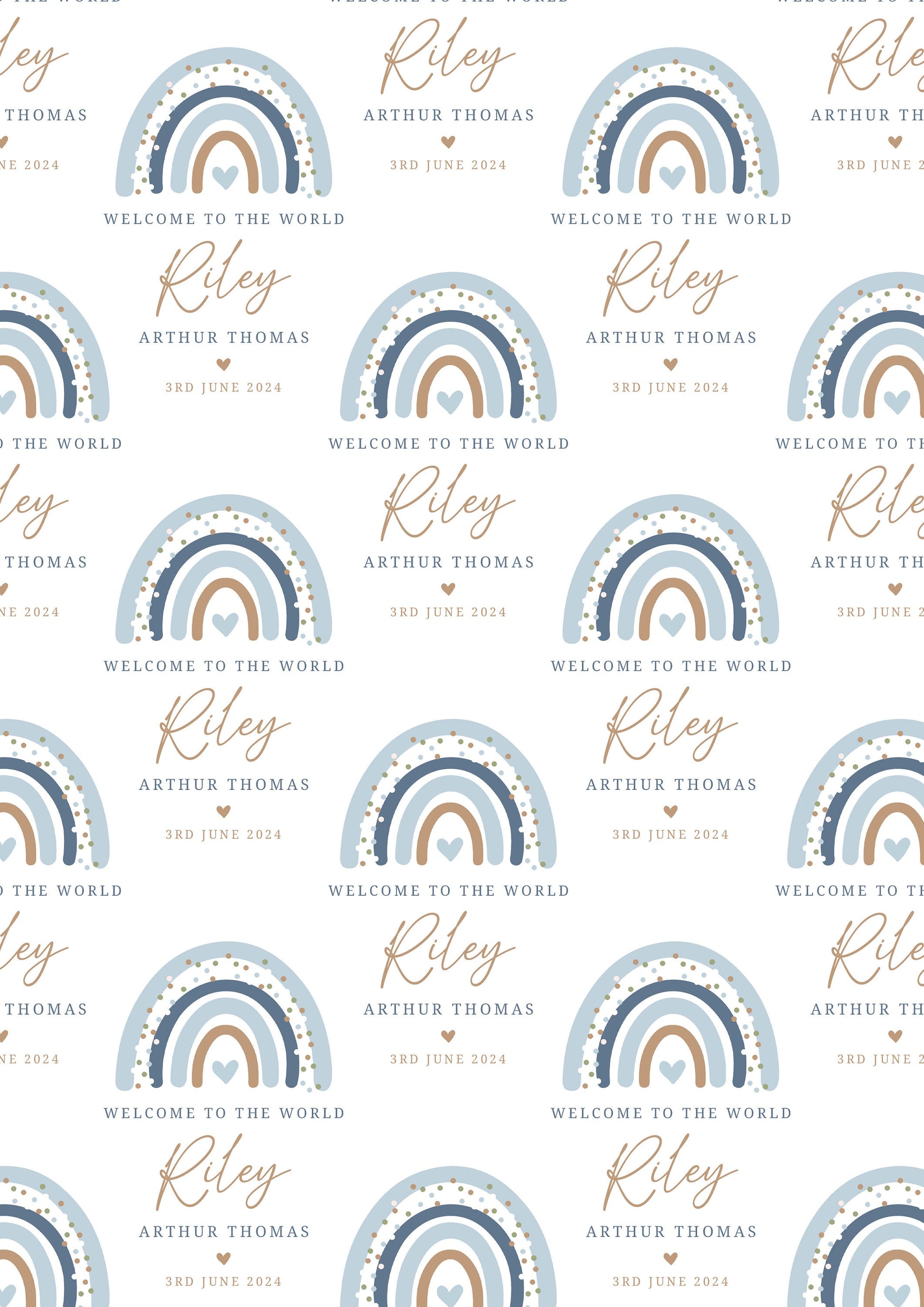 Personalised New Baby Boy Wrapping Paper | Welcome to the World Baby Boy Gift Wrap with Name and Birth Date | Blue Rainbow Design