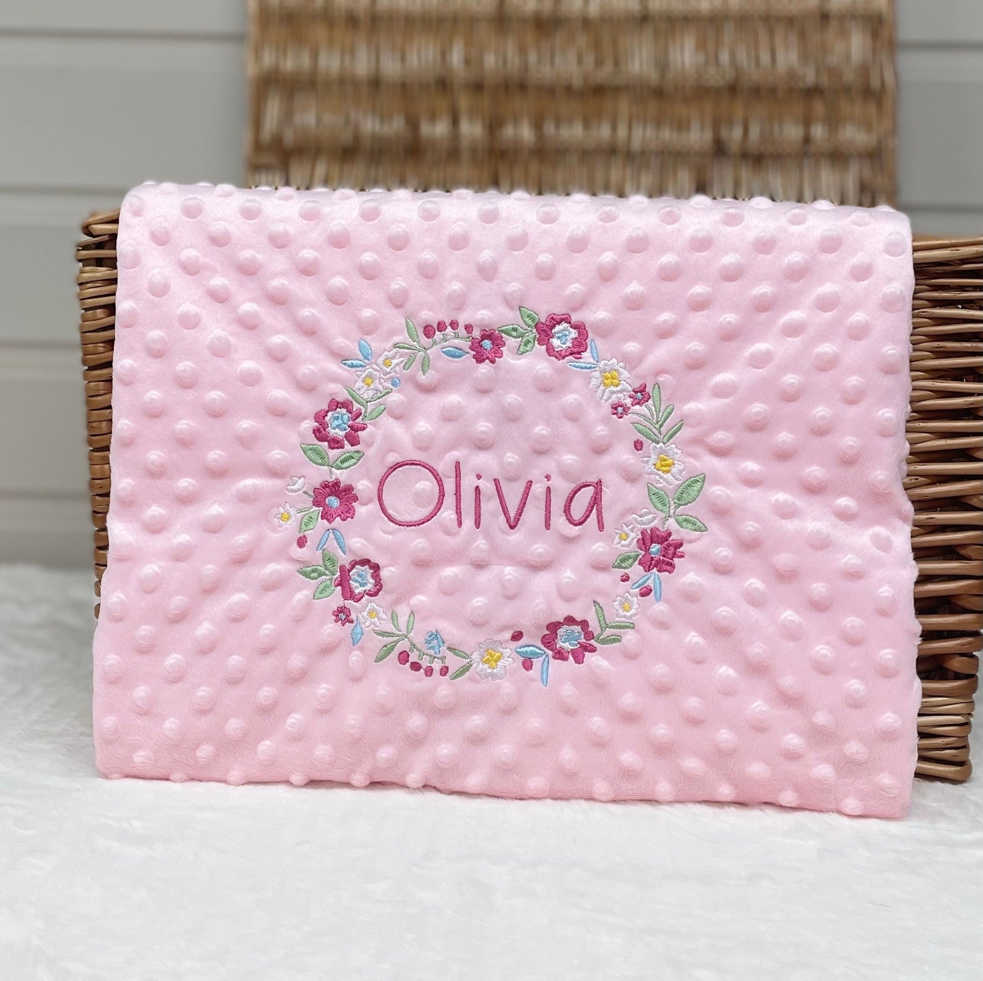 Personalised Pink Baby Blanket Embroidered with Name and Floral Wreath, Baby Shower Gift, Newborn Baby Gift, Christening Gift Baby Girl