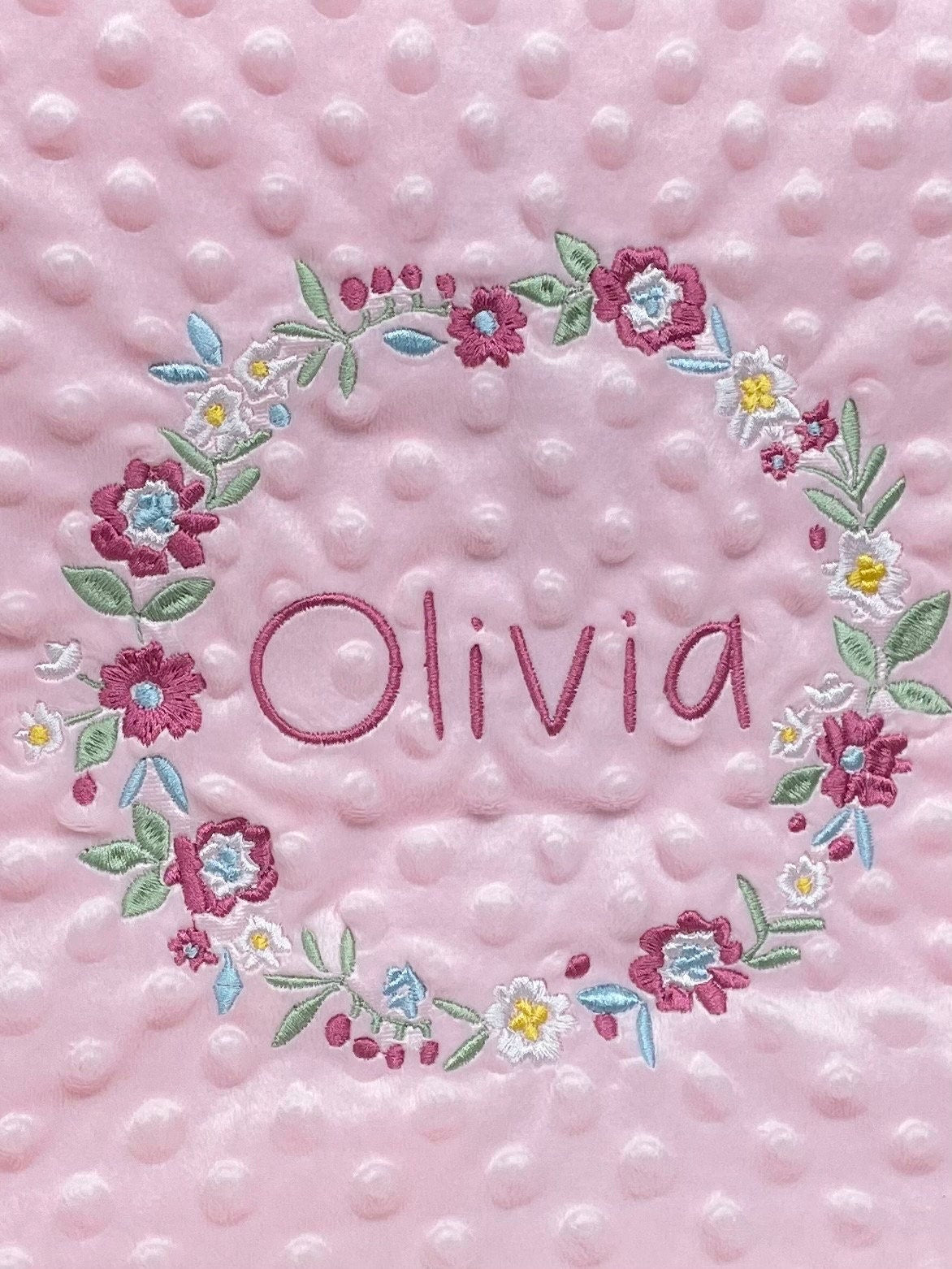 Personalised Pink Baby Blanket Embroidered with Name and Floral Wreath, Baby Shower Gift, Newborn Baby Gift, Christening Gift Baby Girl