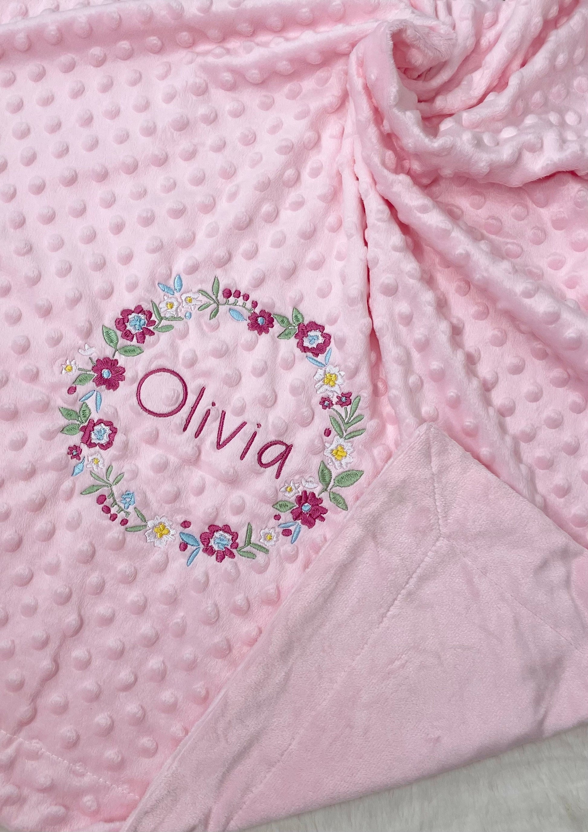 Personalised Pink Baby Blanket Embroidered with Name and Floral Wreath, Baby Shower Gift, Newborn Baby Gift, Christening Gift Baby Girl