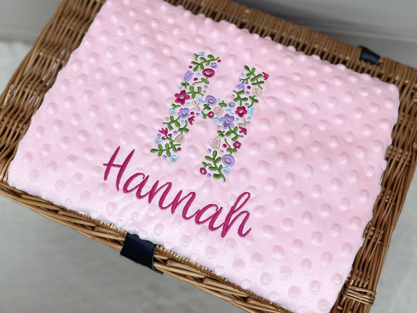 Personalised Pink Baby Blanket Embroidered with Name and Floral Letter, Baby Shower Gift, Newborn Baby Gift, Christening Gift Baby Girl