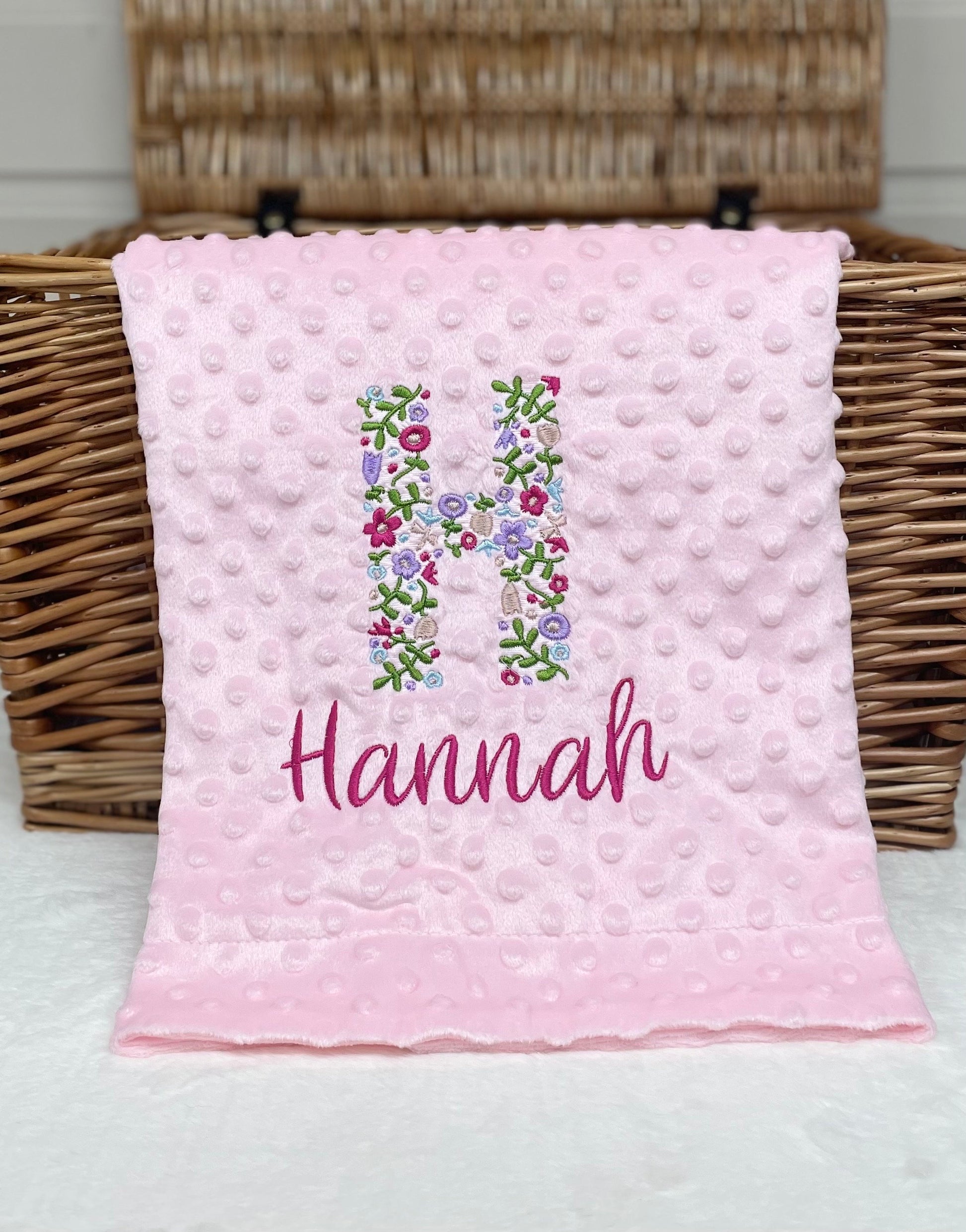 Personalised Pink Baby Blanket Embroidered with Name and Floral Letter, Baby Shower Gift, Newborn Baby Gift, Christening Gift Baby Girl