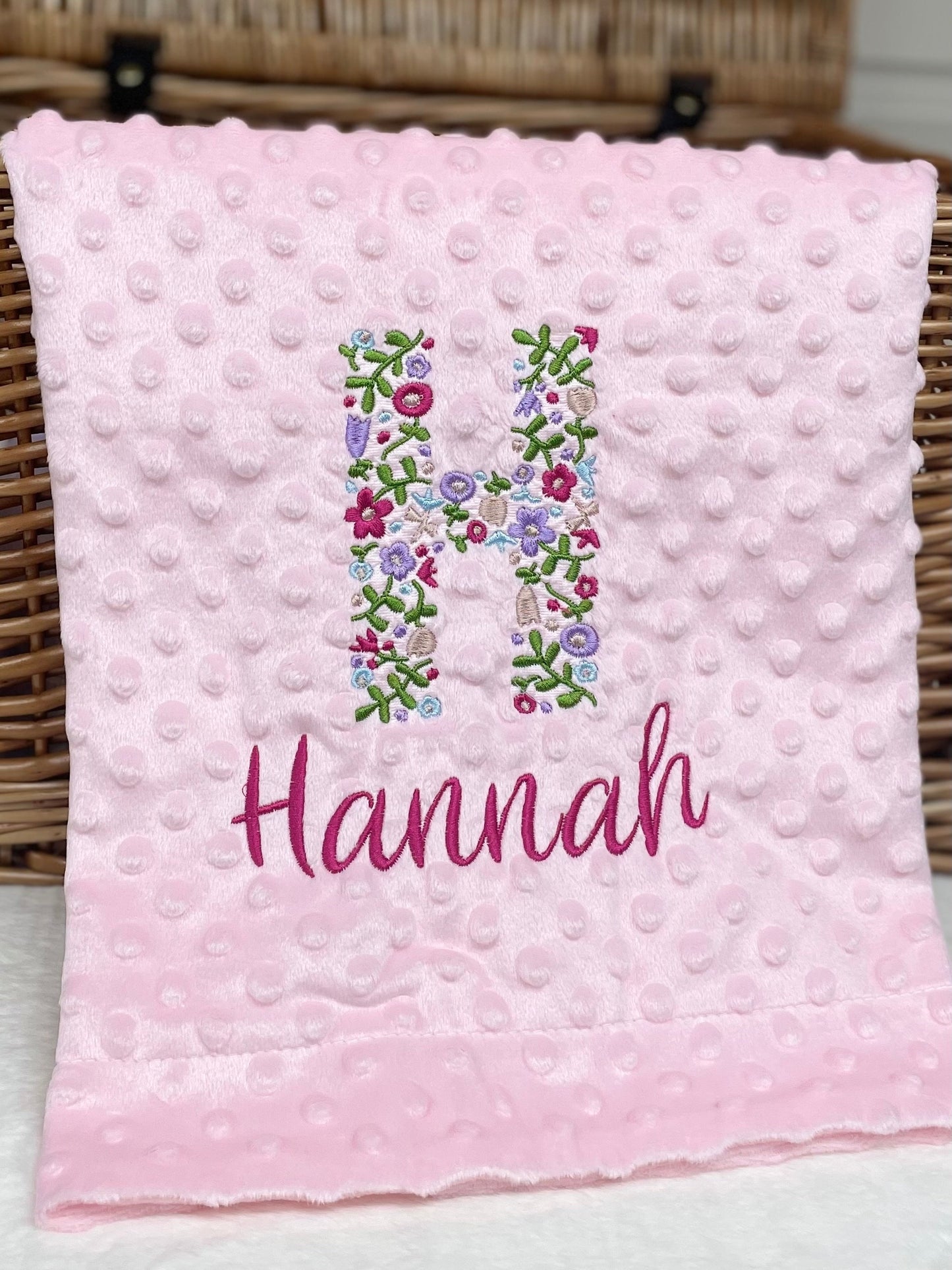 Personalised Pink Baby Blanket Embroidered with Name and Floral Letter, Baby Shower Gift, Newborn Baby Gift, Christening Gift Baby Girl