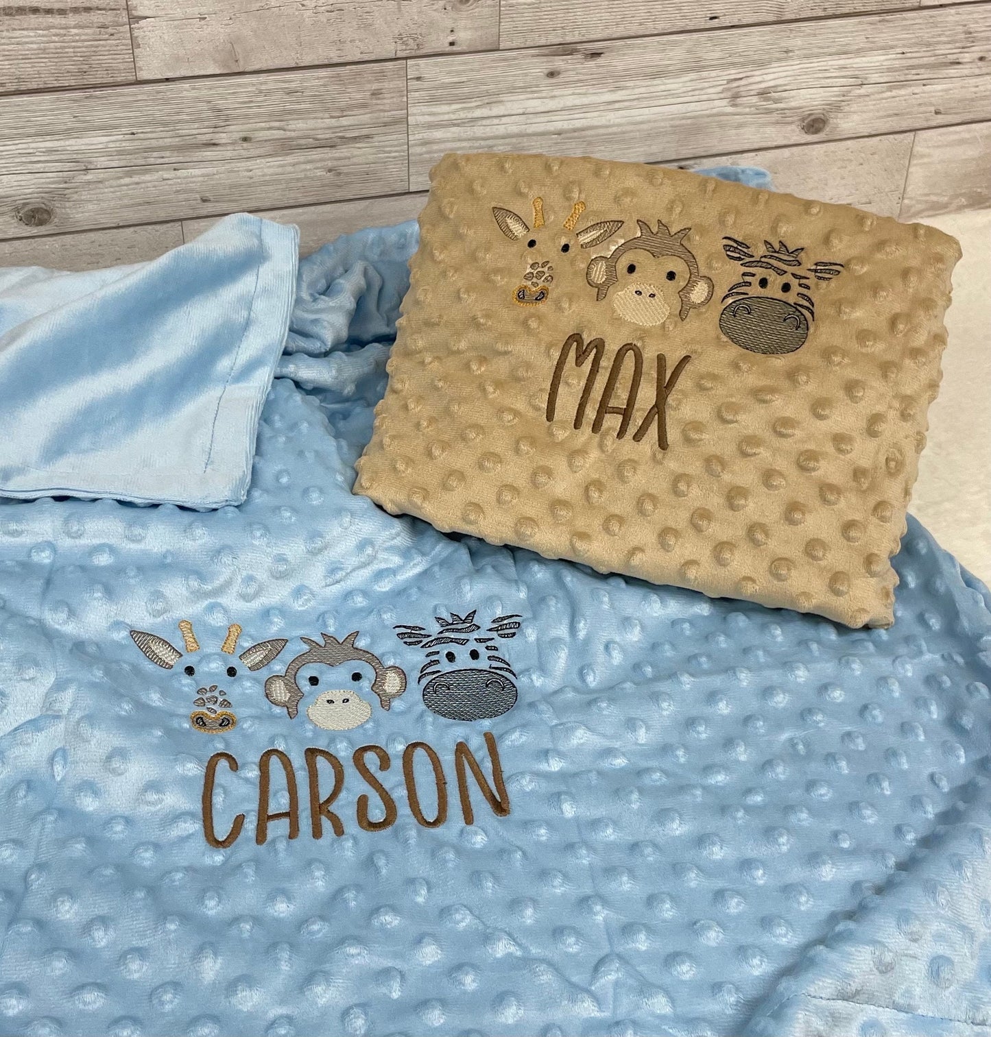 Personalised Blue or Camel Baby Blanket Embroidered with Name and Safari Animals, Baby Shower Gift, Newborn Baby Gift, Christening Gift Baby