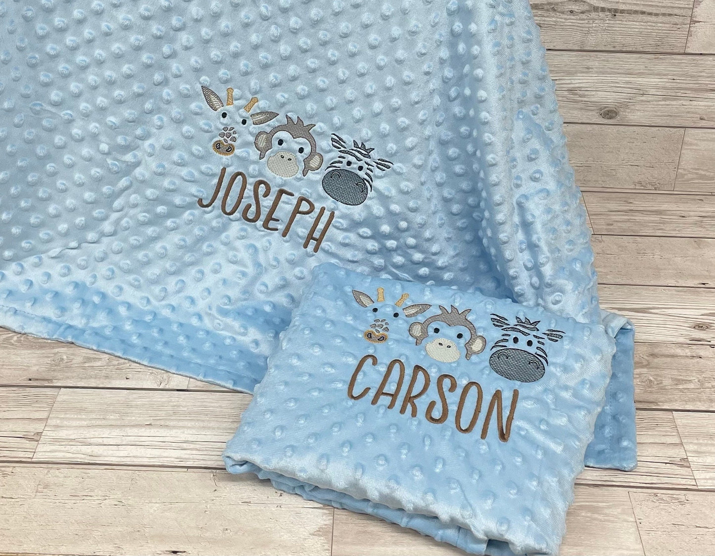 Personalised Blue or Camel Baby Blanket Embroidered with Name and Safari Animals, Baby Shower Gift, Newborn Baby Gift, Christening Gift Baby