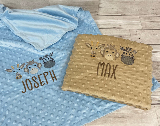 Personalised Blue or Camel Baby Blanket Embroidered with Name and Safari Animals, Baby Shower Gift, Newborn Baby Gift, Christening Gift Baby