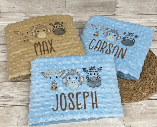 Personalised Blue or Camel Baby Blanket Embroidered with Name and Safari Animals, Baby Shower Gift, Newborn Baby Gift, Christening Gift Baby