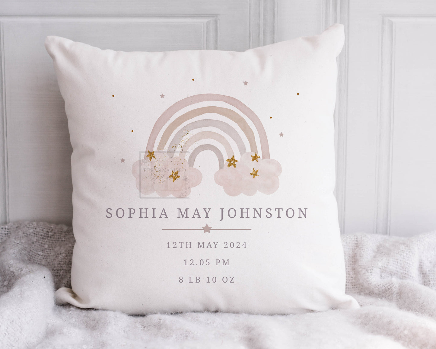 Personalised New Baby Girl's Rainbow Cushion