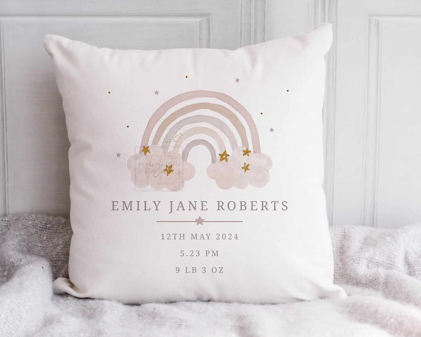 Personalised New Baby Girl's Rainbow Cushion