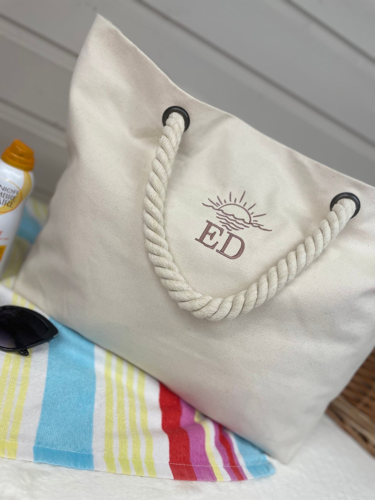 Personalised Embroidered Neutral/Cream Canvas Rope Beach Bag