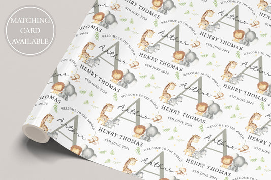 Personalised New Baby Boy, Baby Girl Safari Wrapping Paper | Welcome to the World Baby Boy, Baby Girl Gift Wrap with Name and Birth Date