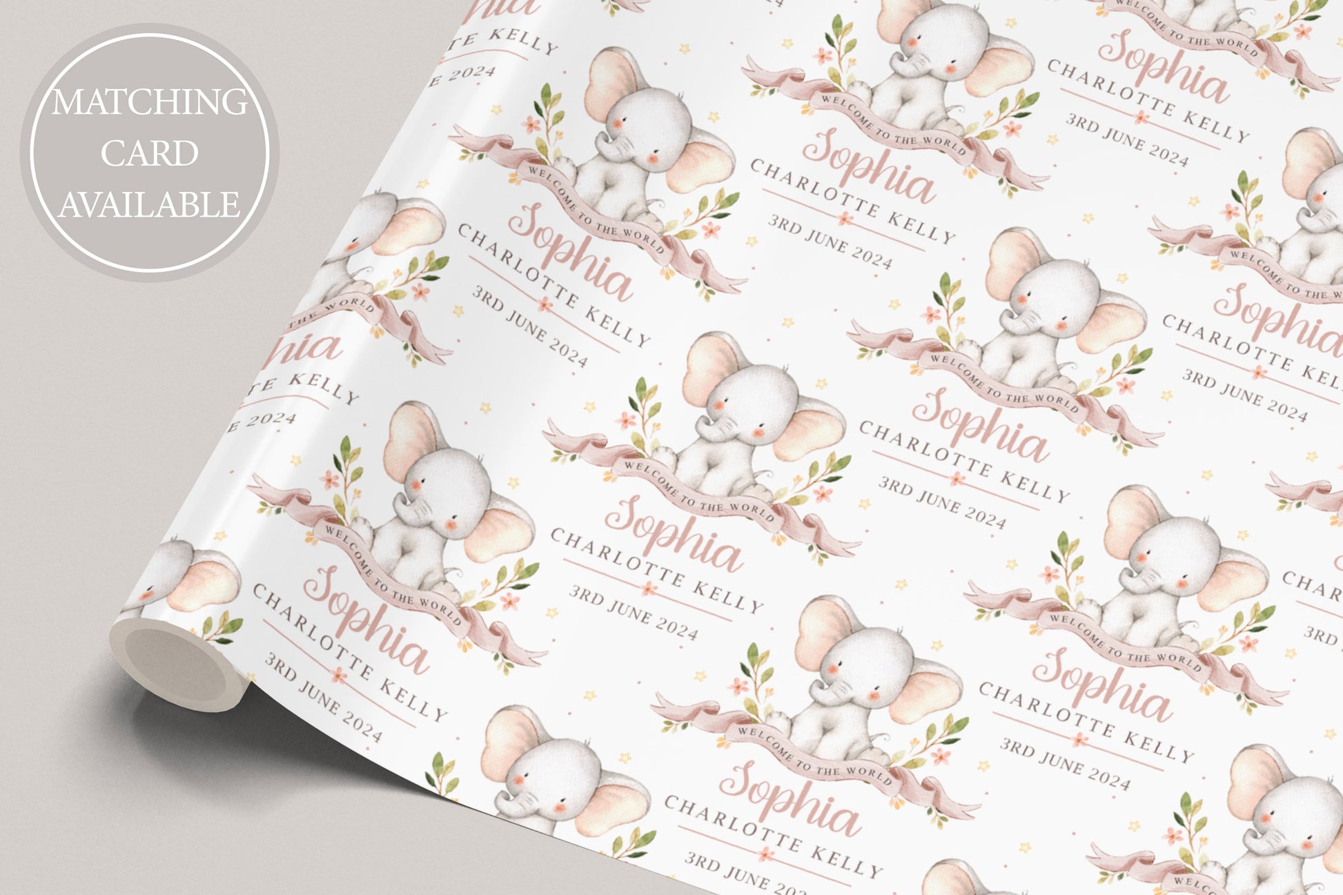 Personalised New Baby Girl Wrapping Paper | Welcome to the World Baby Girl Gift Wrap | New Baby Gift Wrap with Name and Birth Date |