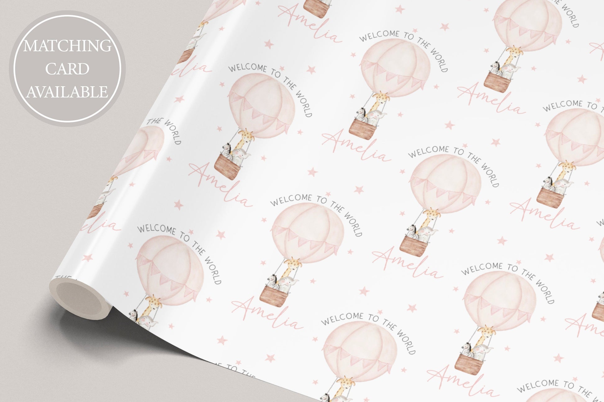 Personalised New Baby Girl Wrapping Paper | Welcome to the World Baby Girl Gift Wrap with Name and Birth Date | Safari Hot Air Balloon Pink