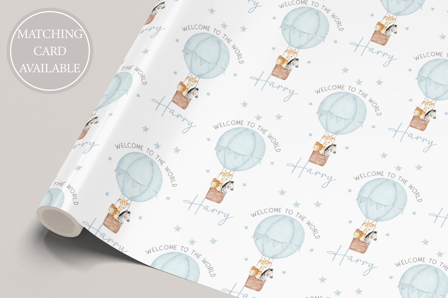 Personalised New Baby Boy Wrapping Paper | Welcome to the World Baby Boy Gift Wrap with Name and Birth Date | Safari Hot Air Balloon Design