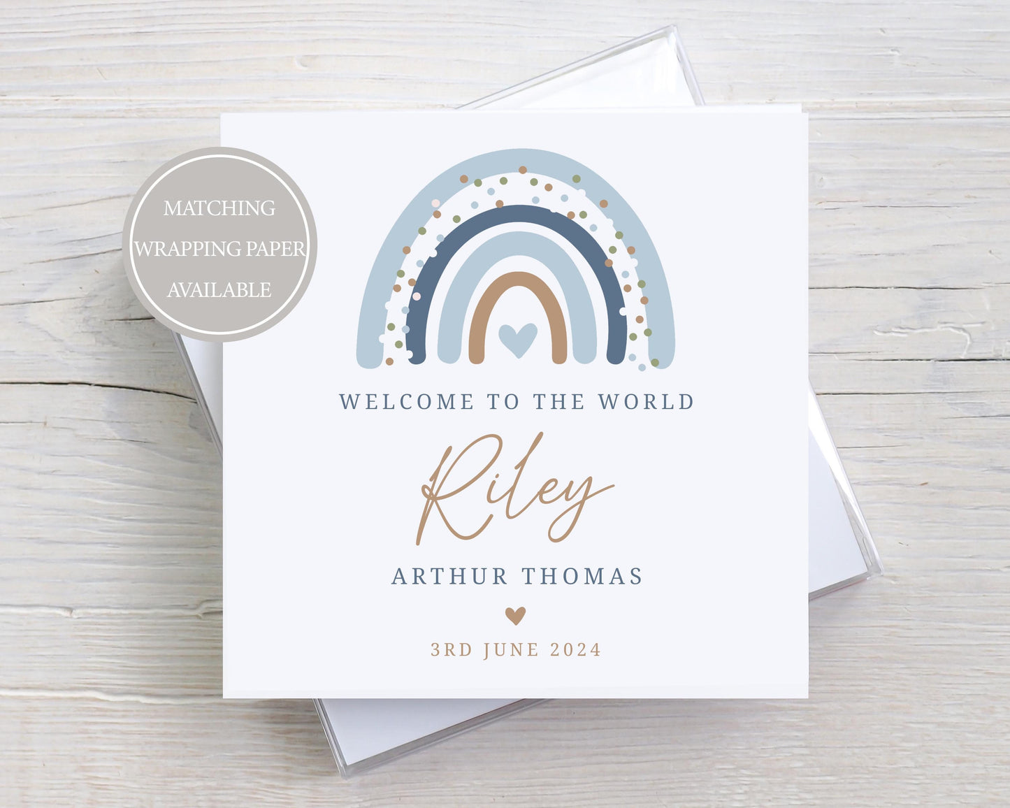 Personalised New Baby Boy Card, Welcome to the World Baby Boy, New Baby Card, Congratulations It's a Boy Card, Blue Rainbow Design