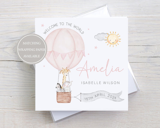 Personalised New Baby Girl Card, Welcome to the World Baby Girl, New Baby Card, Congratulations It's a Girl Card, Safari Hot Air Balloon