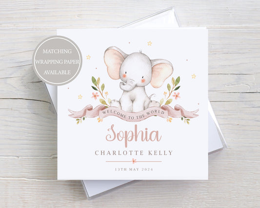 Personalised New Baby Girl Card, Welcome to the World Baby Girl, New Baby Card, Congratulations It's a Girl Card, Elephant Design