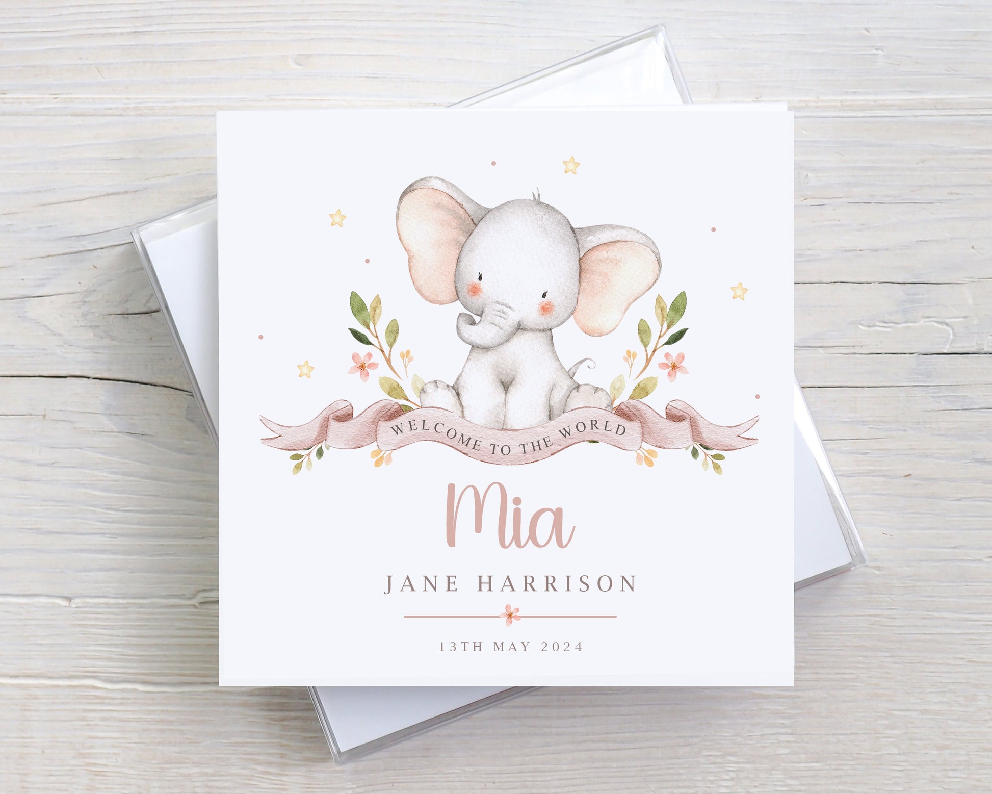 Personalised New Baby Girl Card, Welcome to the World Baby Girl, New Baby Card, Congratulations It's a Girl Card, Elephant Design