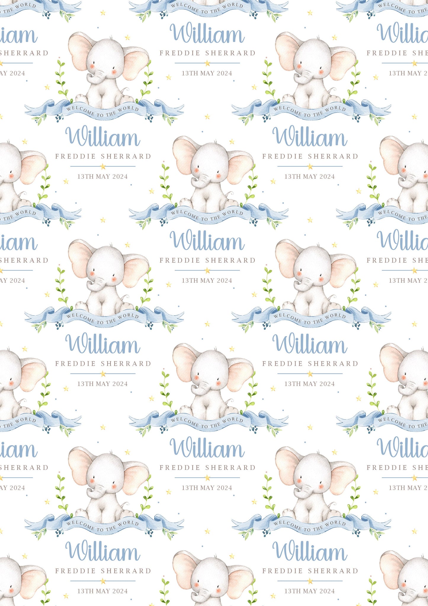 Personalised New Baby Boy Wrapping Paper | Welcome to the World Baby Boy Gift Wrap | New Baby Gift Wrap with Name and Birth Date | Elephant