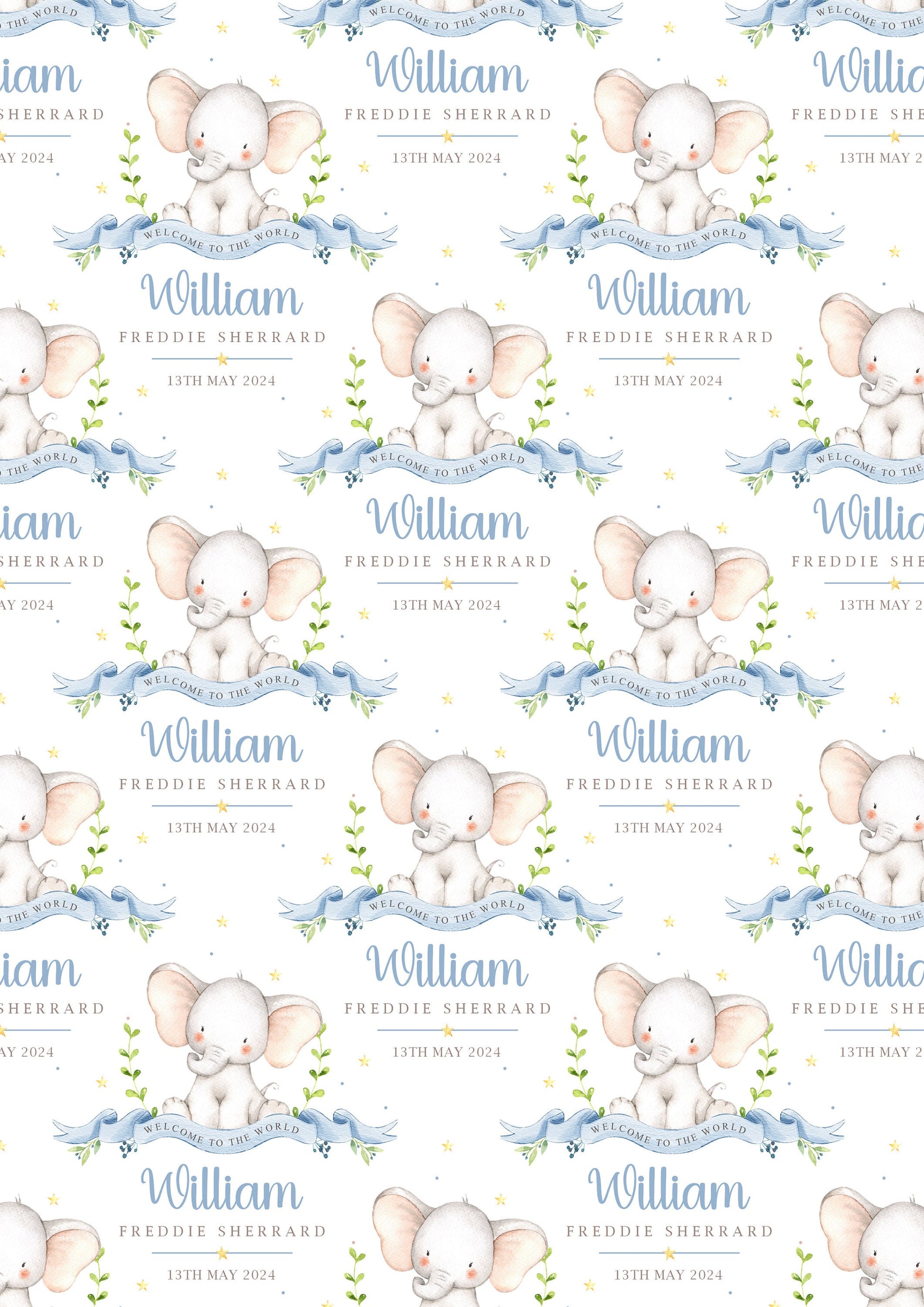 Personalised New Baby Boy Wrapping Paper | Welcome to the World Baby Boy Gift Wrap | New Baby Gift Wrap with Name and Birth Date | Elephant