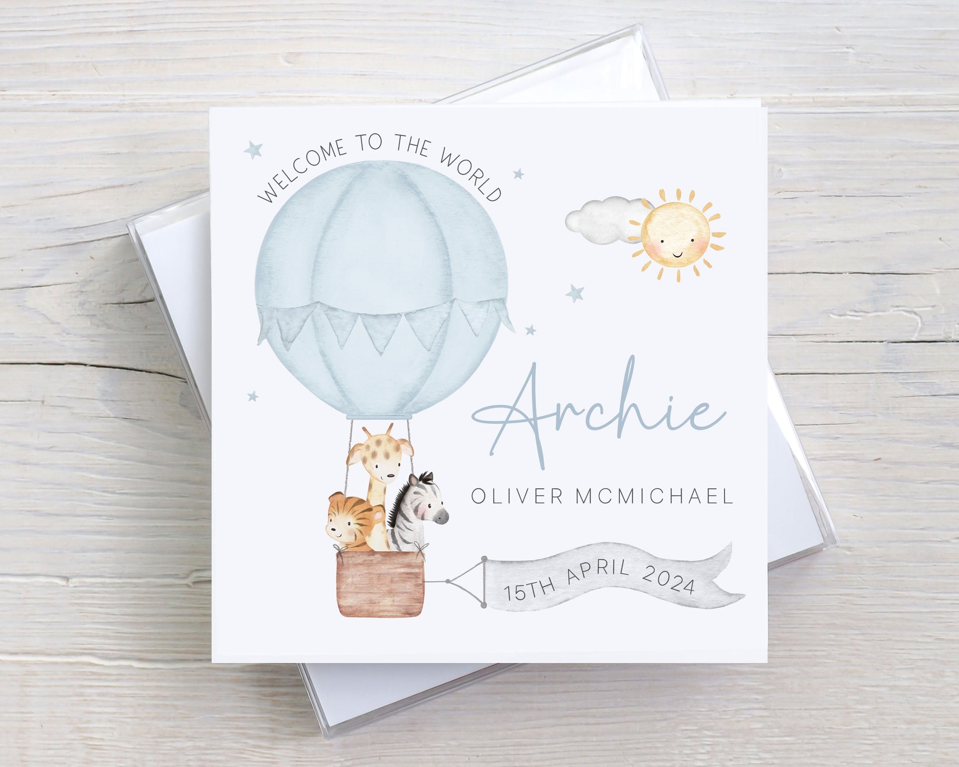 Personalised New Baby Boy Card, Welcome to the World Baby Boy, New Baby Card, Congratulations It's a Boy Card, Safari Hot Air Balloon Design