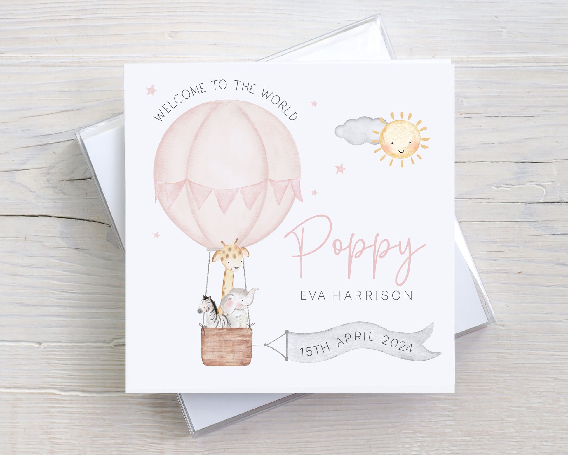 Personalised New Baby Girl Card, Welcome to the World Baby Girl, New Baby Card, Congratulations It's a Girl Card, Safari Hot Air Balloon