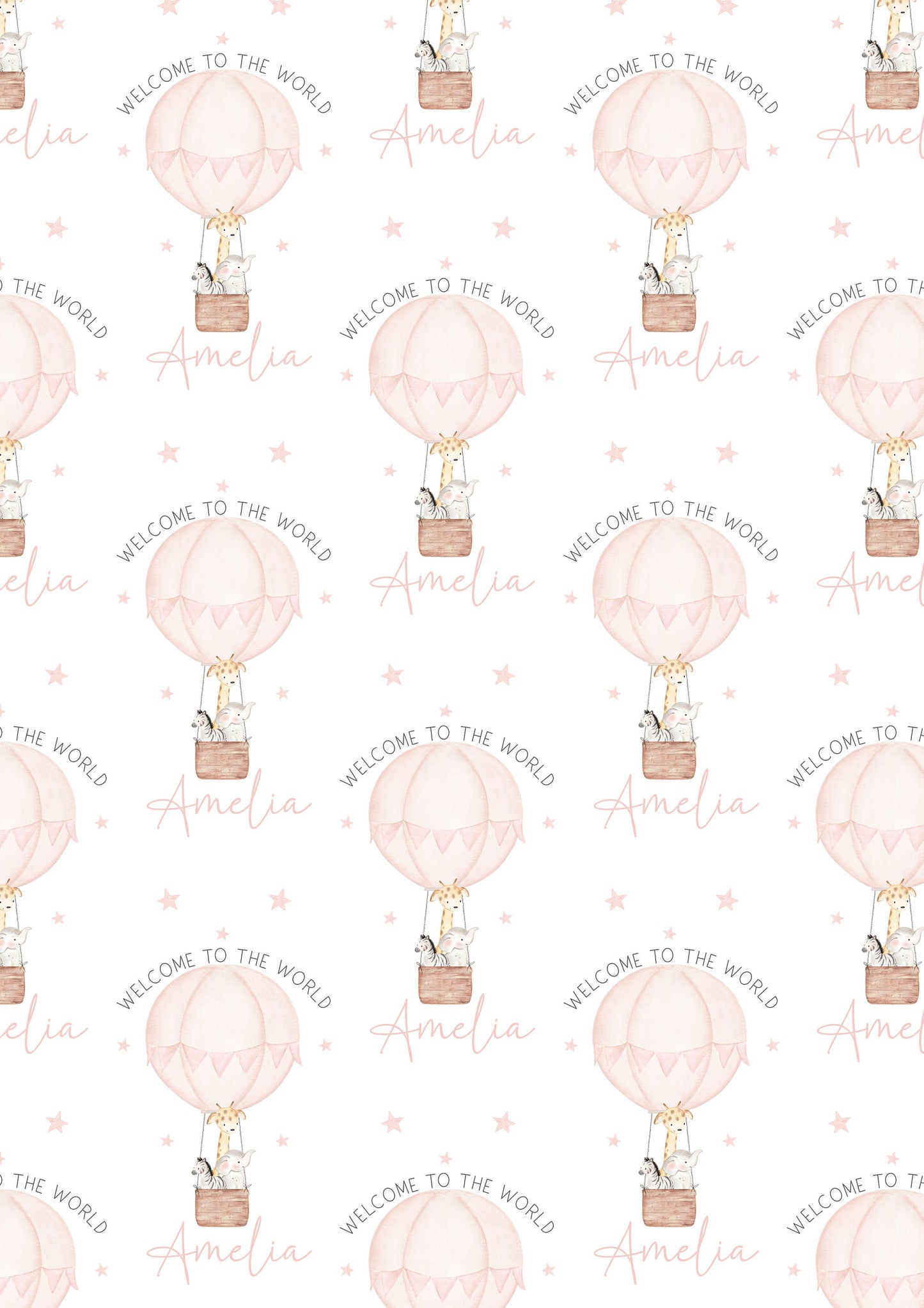 Personalised New Baby Girl Wrapping Paper | Welcome to the World Baby Girl Gift Wrap with Name and Birth Date | Safari Hot Air Balloon Pink