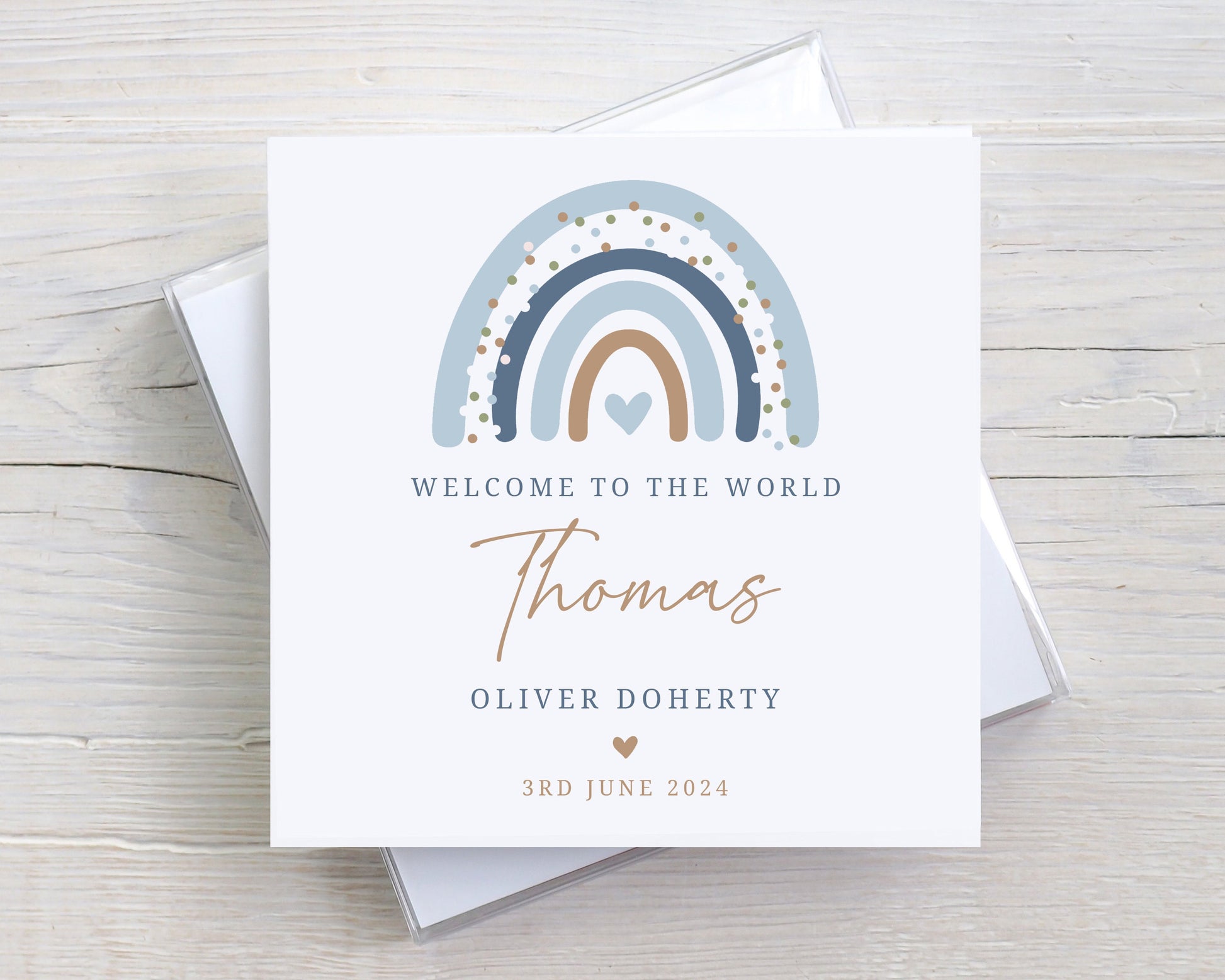 Personalised New Baby Boy Card, Welcome to the World Baby Boy, New Baby Card, Congratulations It's a Boy Card, Blue Rainbow Design